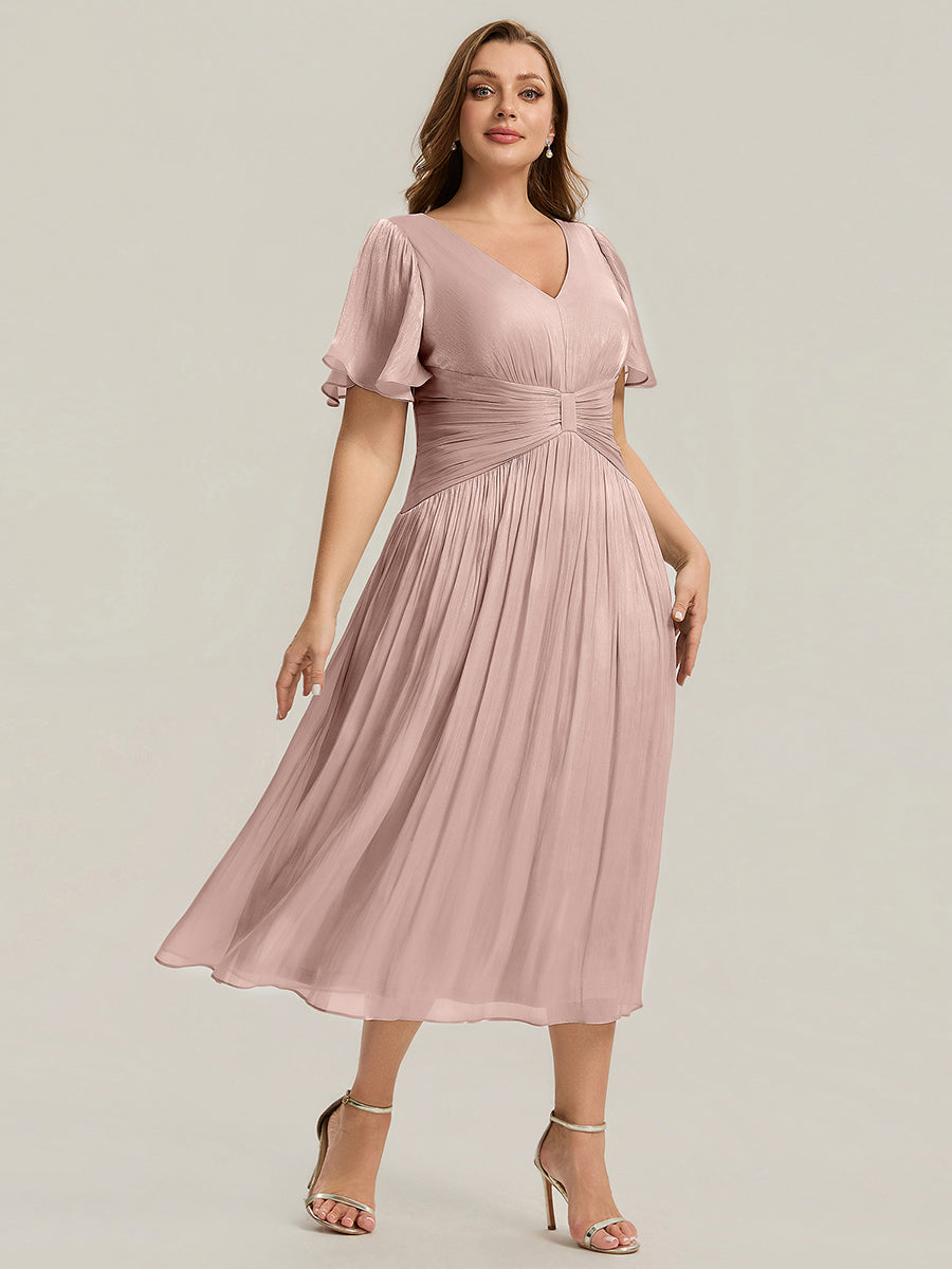 robe midi à manches courtes avec volants en V et détails froncés #Couleur_Rose fumee