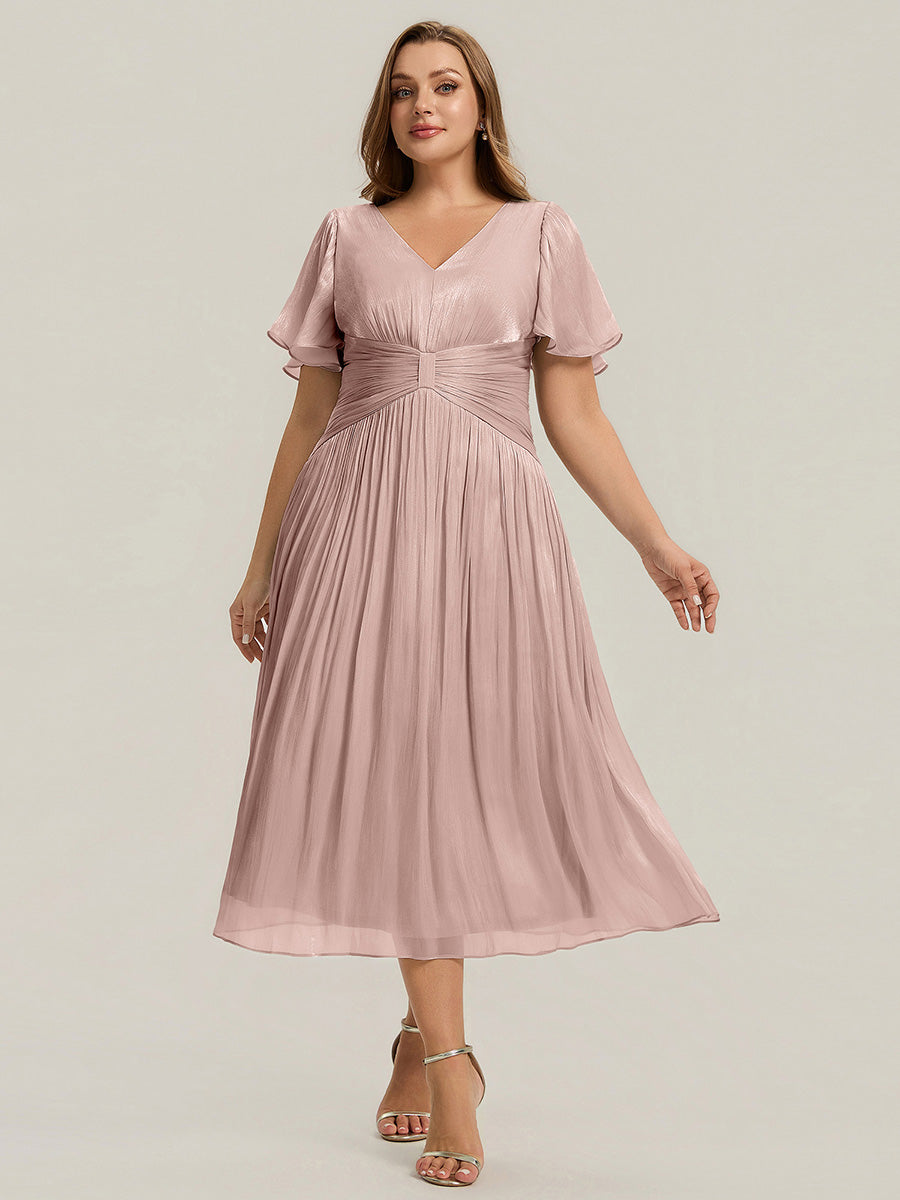 robe midi à manches courtes avec volants en V et détails froncés #Couleur_Rose fumee