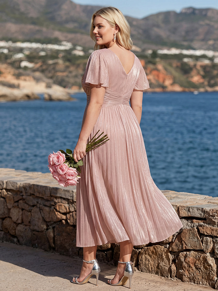 robe midi à manches courtes avec volants en V et détails froncés #Couleur_Rose fumee
