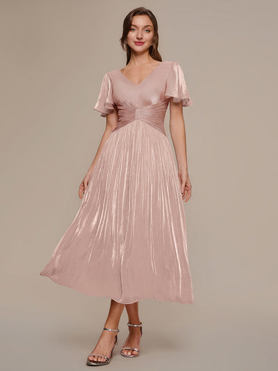 Robe midi à manches courtes avec volants en V et détails froncés
