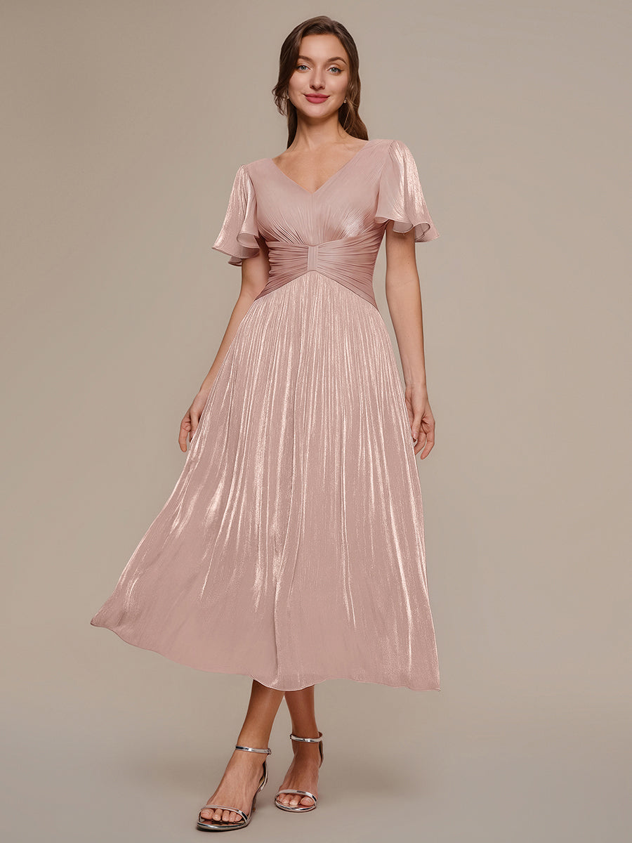 robe midi à manches courtes avec volants en V et détails froncés #Couleur_Rose fumee