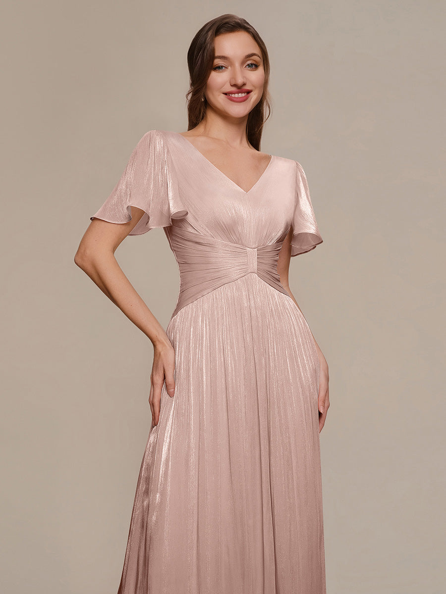 robe midi à manches courtes avec volants en V et détails froncés #Couleur_Rose fumee
