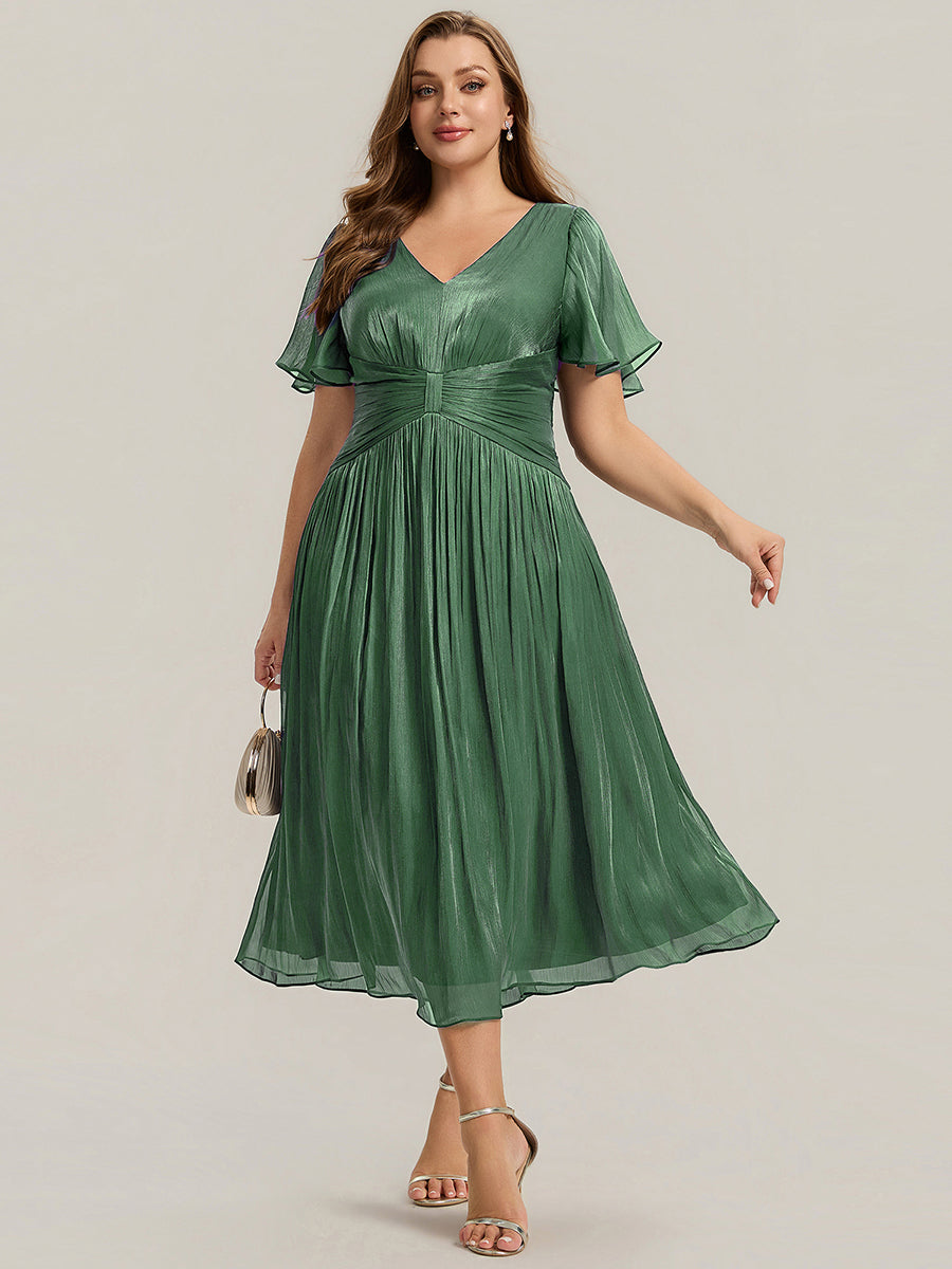robe midi à manches courtes avec volants en V et détails froncés #Couleur_Eukalyptus Grün