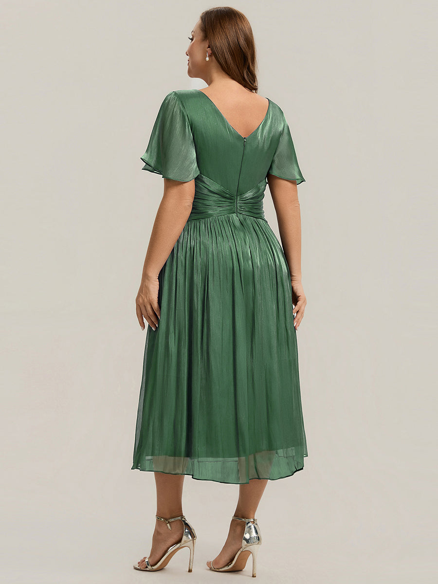 robe midi à manches courtes avec volants en V et détails froncés #Couleur_Eukalyptus Grün