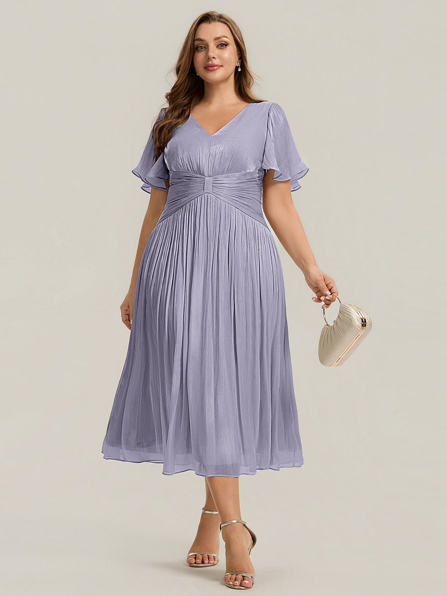 robe midi à manches courtes avec volants en V et détails froncés #Couleur_Lilas Givré