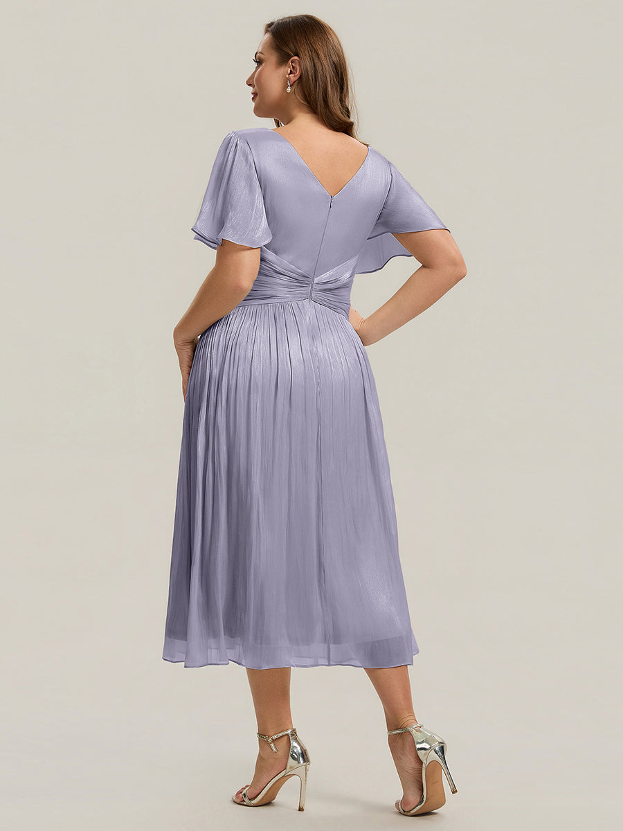 robe midi à manches courtes avec volants en V et détails froncés #Couleur_Lilas Givré