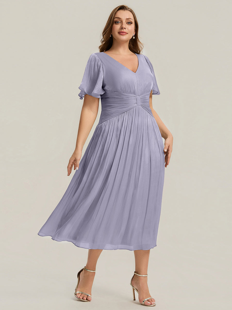 robe midi à manches courtes avec volants en V et détails froncés #Couleur_Lilas Givré