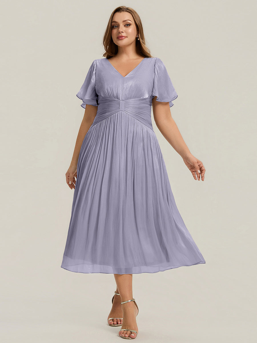 robe midi à manches courtes avec volants en V et détails froncés #Couleur_Lilas Givré