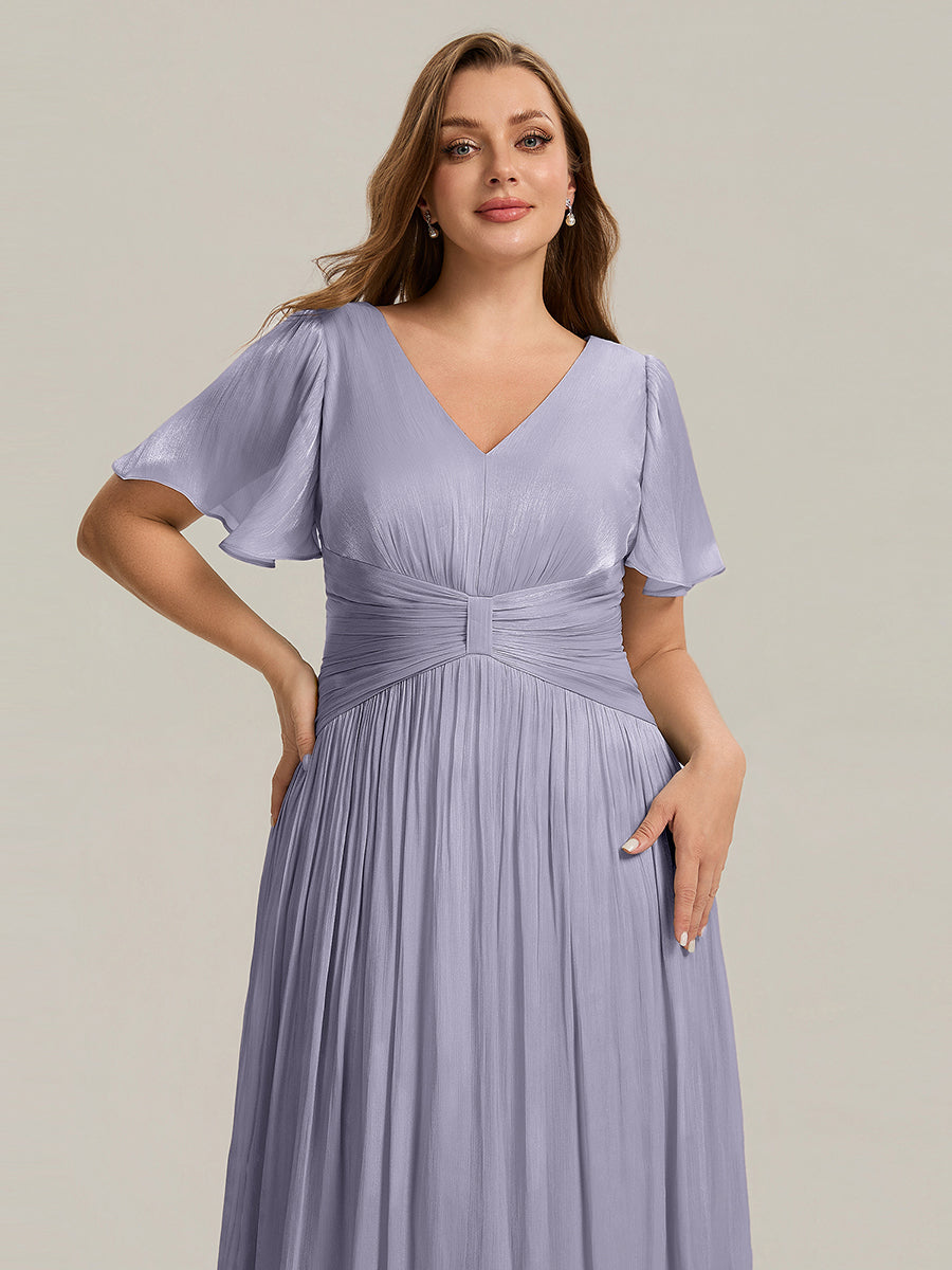 robe midi à manches courtes avec volants en V et détails froncés #Couleur_Lilas Givré