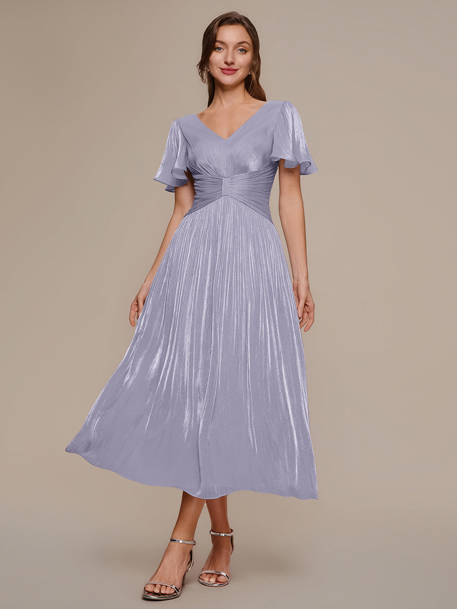 robe midi à manches courtes avec volants en V et détails froncés #Couleur_Lilas Givré