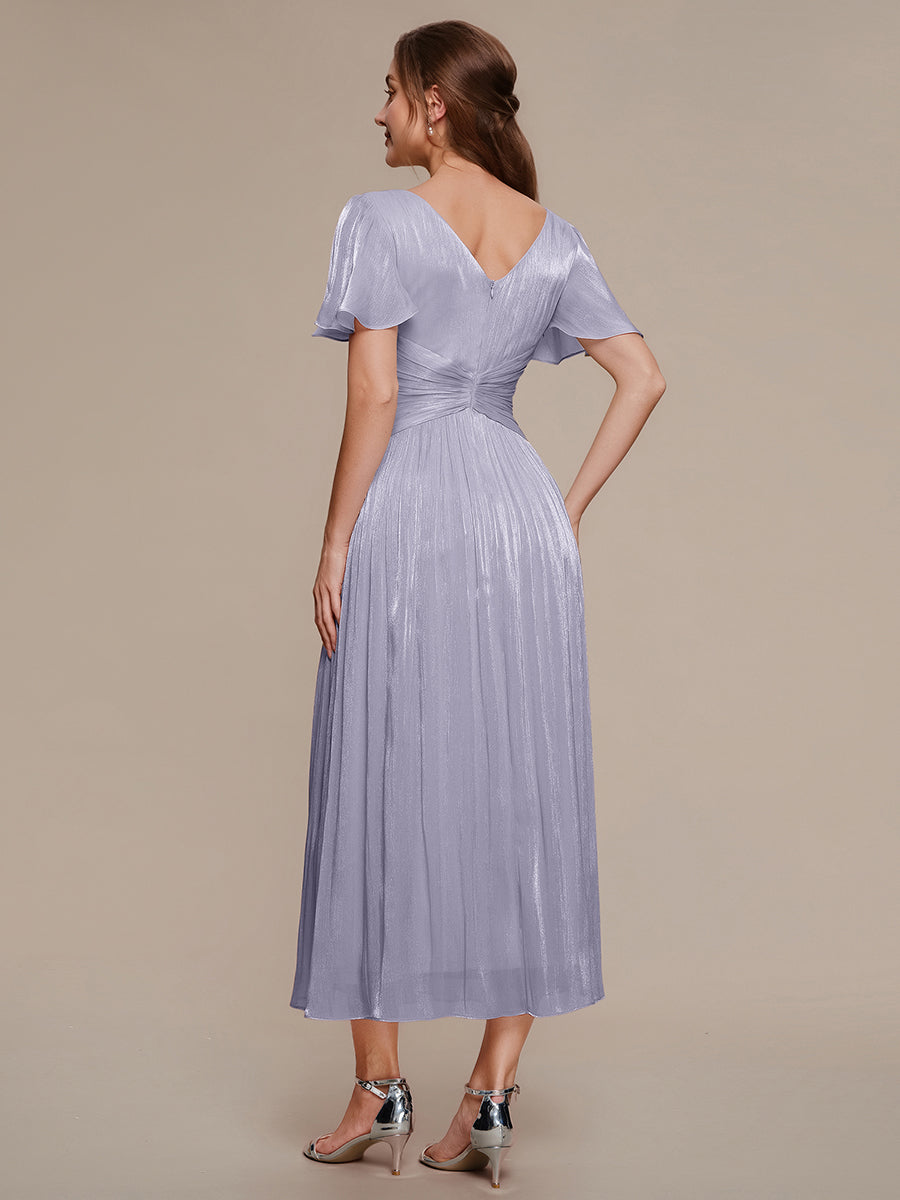 robe midi à manches courtes avec volants en V et détails froncés #Couleur_Lilas Givré