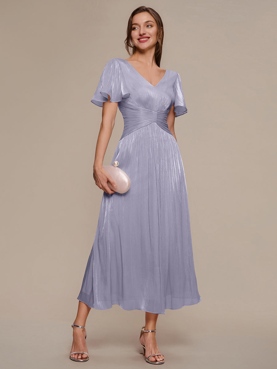robe midi à manches courtes avec volants en V et détails froncés #Couleur_Lilas Givré