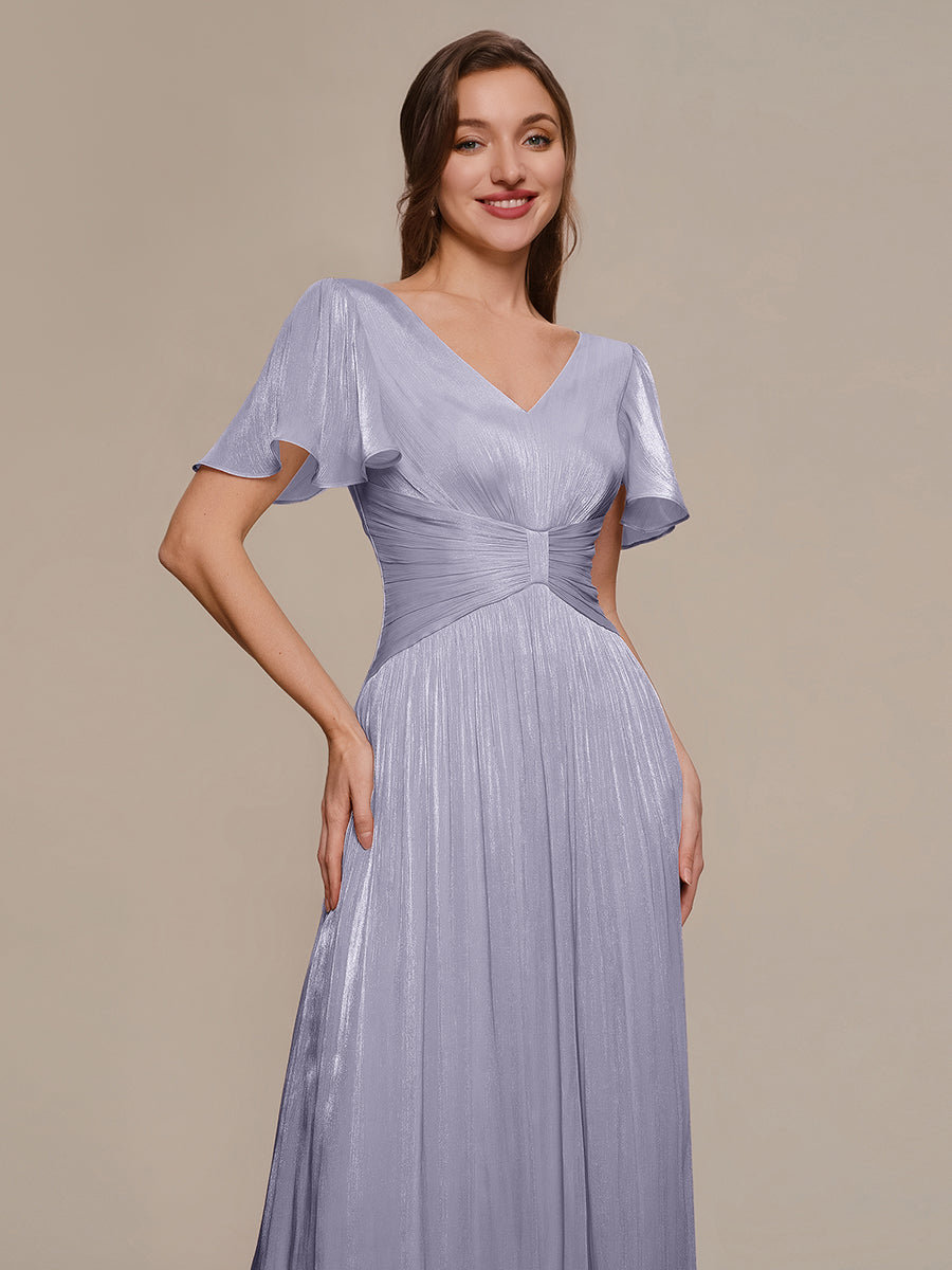 robe midi à manches courtes avec volants en V et détails froncés #Couleur_Lilas Givré