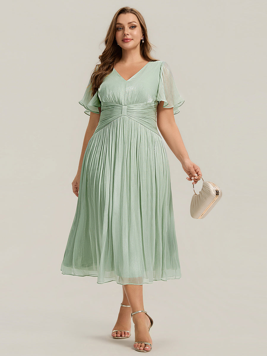 robe midi à manches courtes avec volants en V et détails froncés #Couleur_Menthe Verte