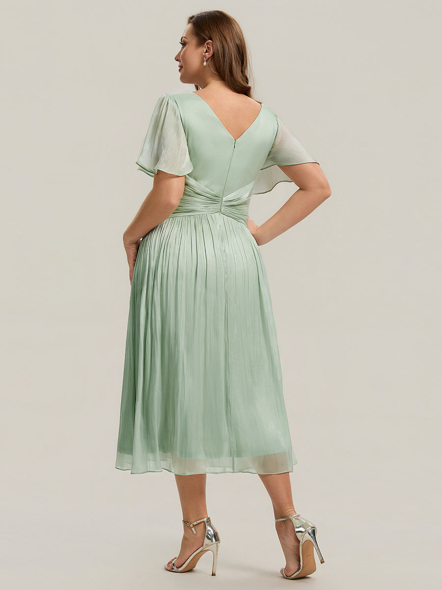 robe midi à manches courtes avec volants en V et détails froncés #Couleur_Menthe Verte