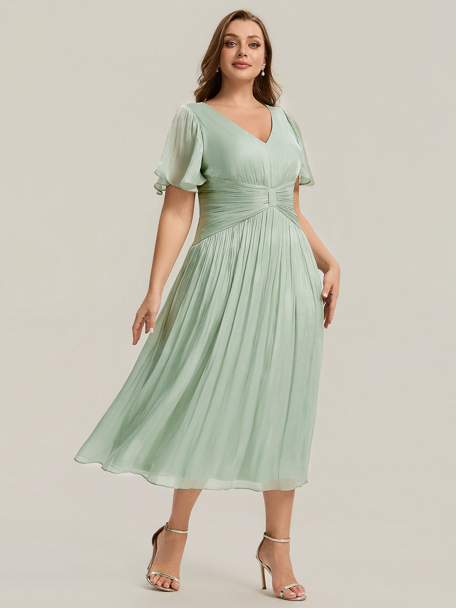 robe midi à manches courtes avec volants en V et détails froncés #Couleur_Menthe Verte