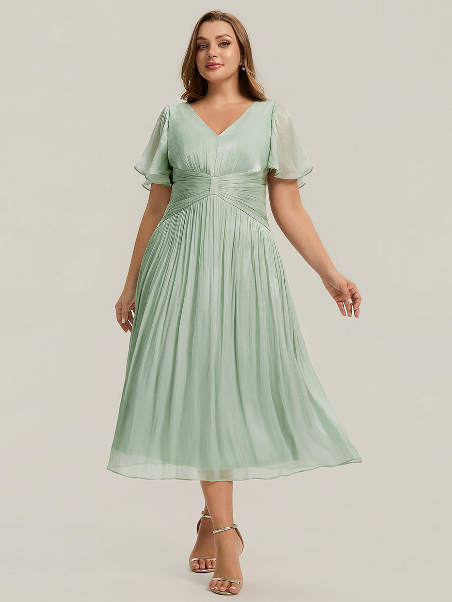robe midi à manches courtes avec volants en V et détails froncés #Couleur_Menthe Verte