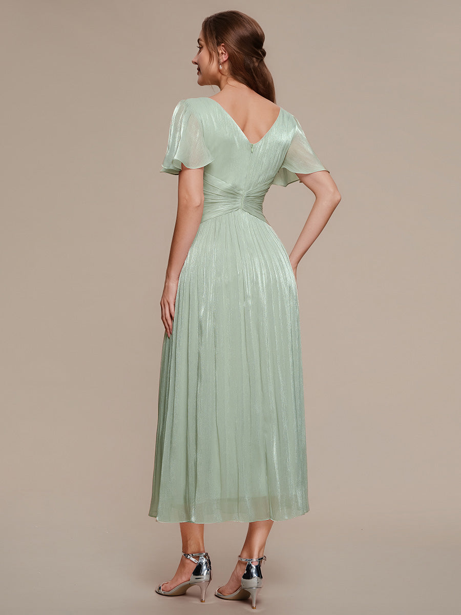 robe midi à manches courtes avec volants en V et détails froncés #Couleur_Menthe Verte