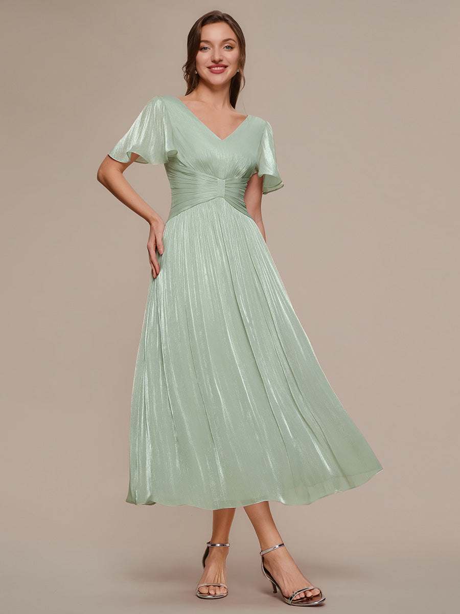 robe midi à manches courtes avec volants en V et détails froncés #Couleur_Menthe Verte