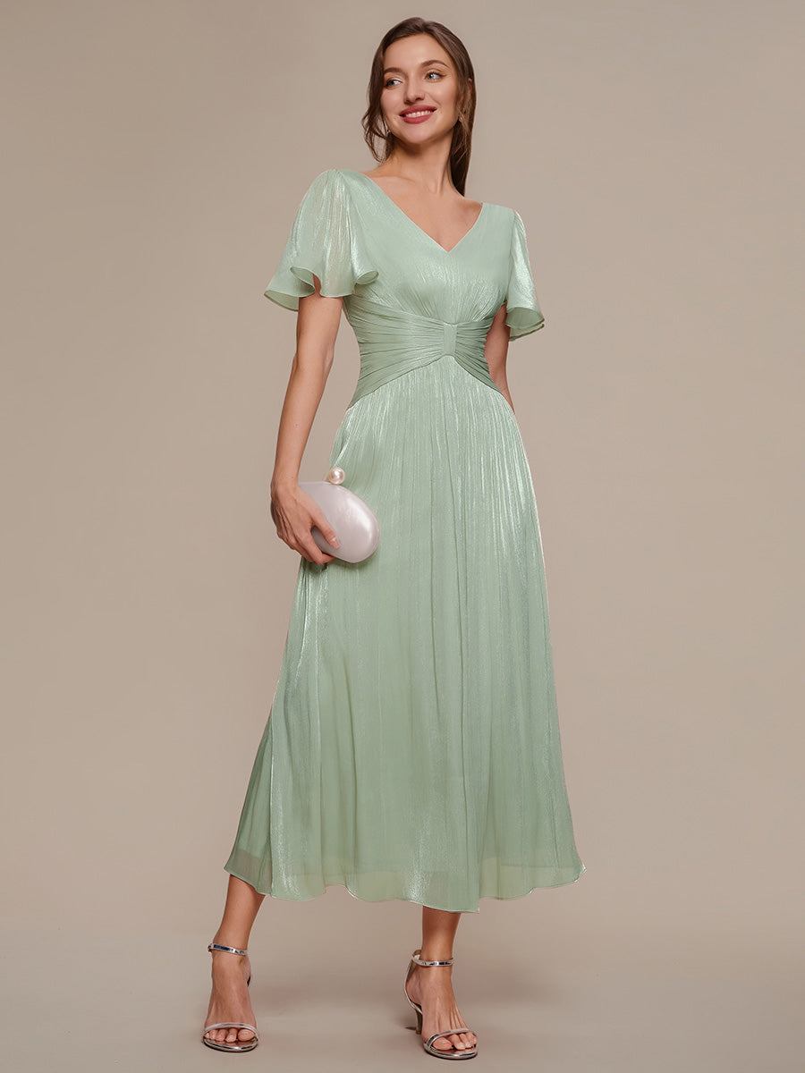 robe midi à manches courtes avec volants en V et détails froncés #Couleur_Menthe Verte