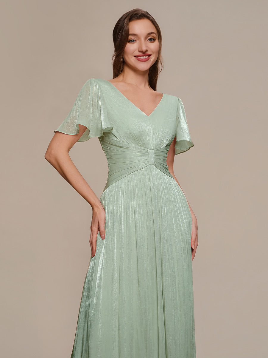 robe midi à manches courtes avec volants en V et détails froncés #Couleur_Menthe Verte