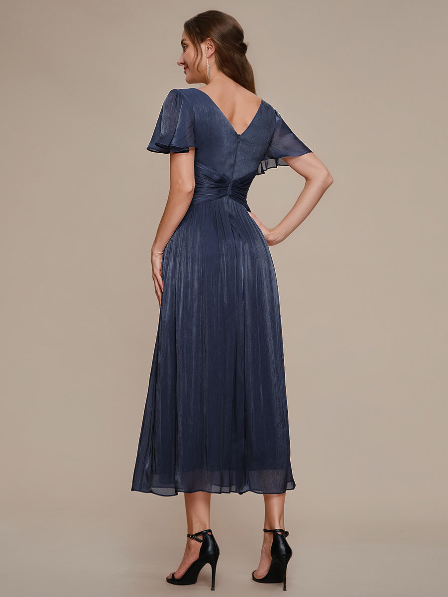 robe midi à manches courtes avec volants en V et détails froncés #Couleur_Bleu Marine