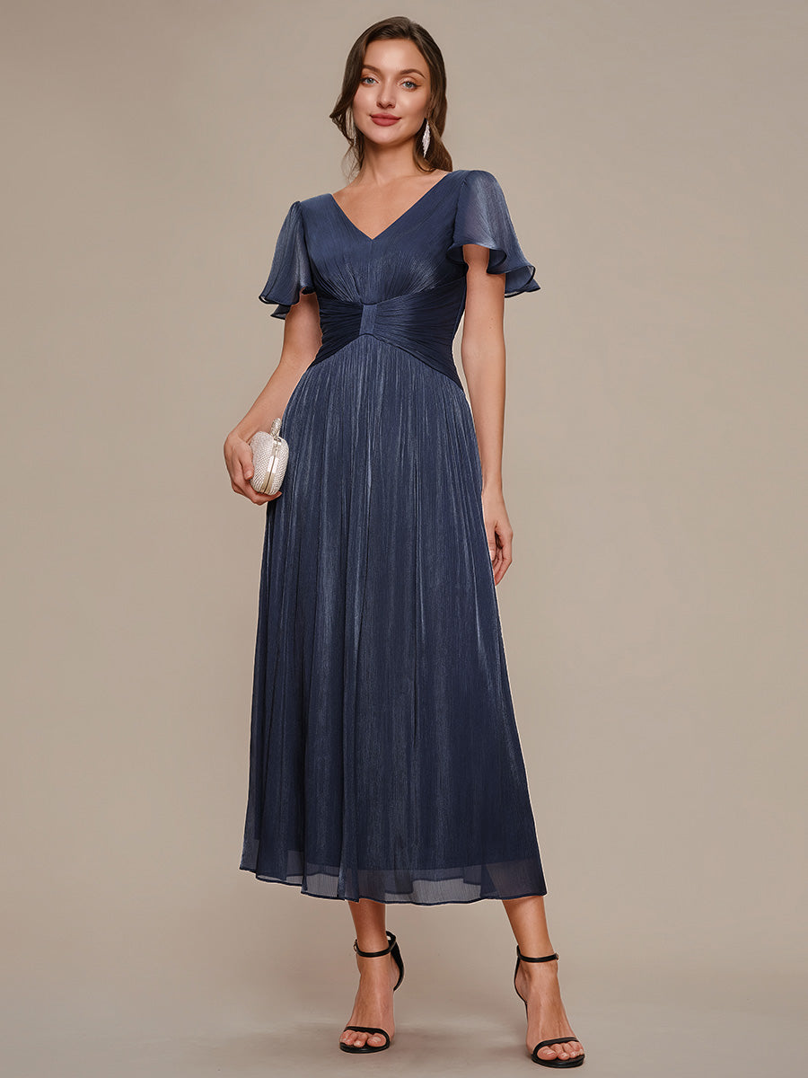 robe midi à manches courtes avec volants en V et détails froncés #Couleur_Bleu Marine