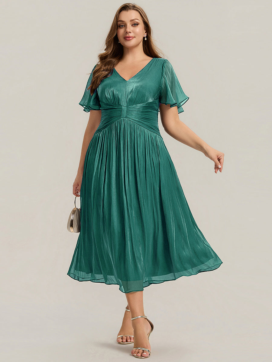 robe midi à manches courtes avec volants en V et détails froncés #Couleur_Bleu Canard