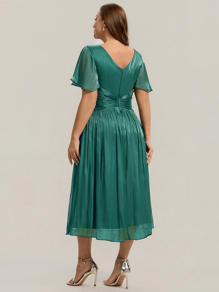 robe midi à manches courtes avec volants en V et détails froncés #Couleur_Bleu Canard