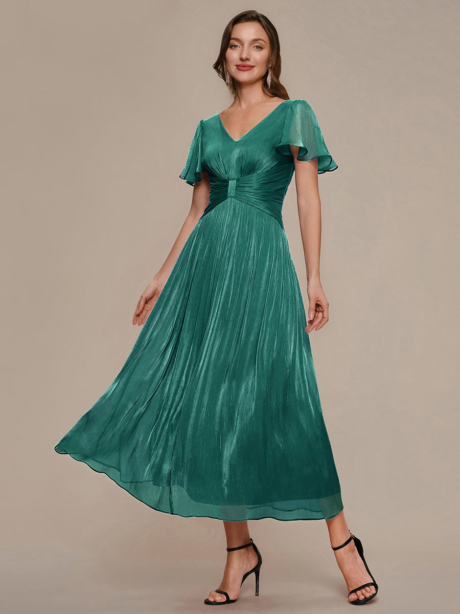 robe midi à manches courtes avec volants en V et détails froncés #Couleur_Bleu Canard