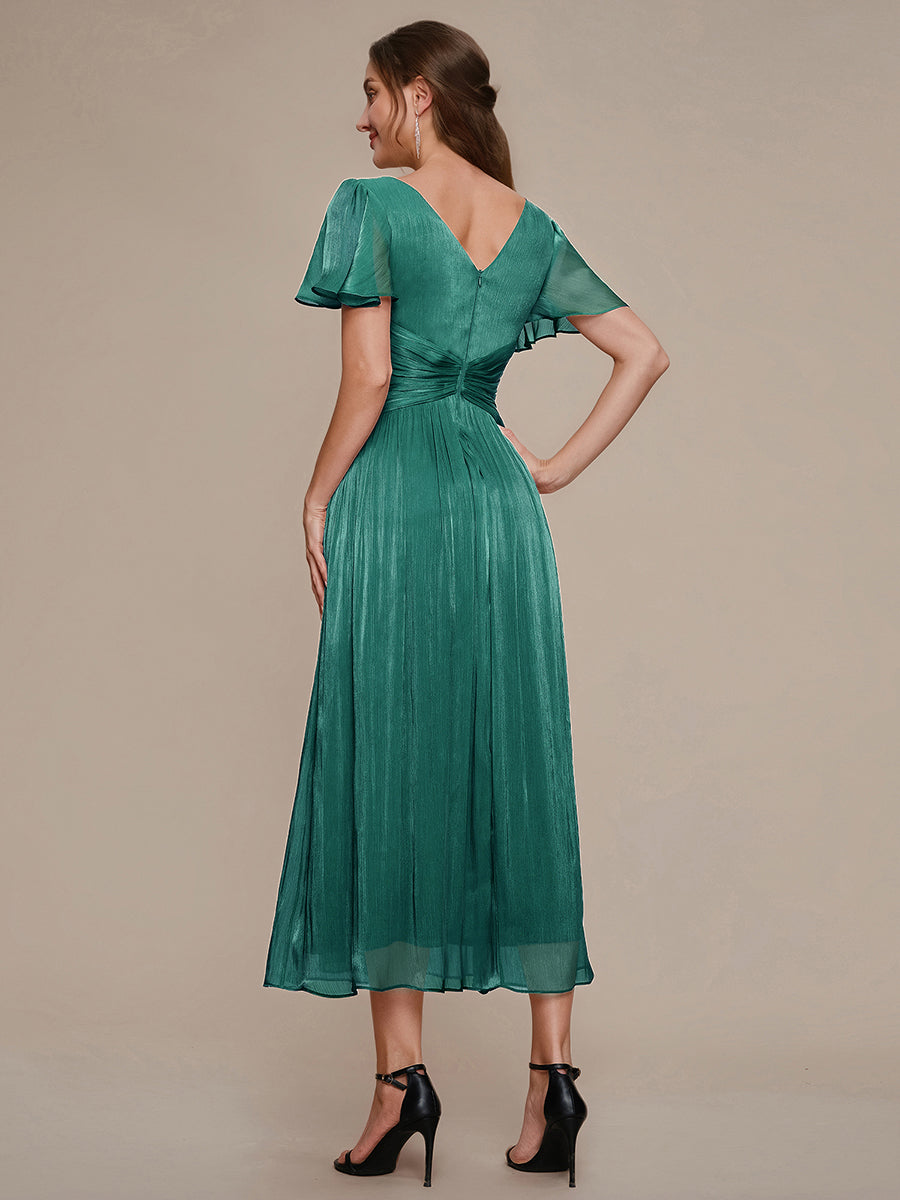 robe midi à manches courtes avec volants en V et détails froncés #Couleur_Bleu Canard