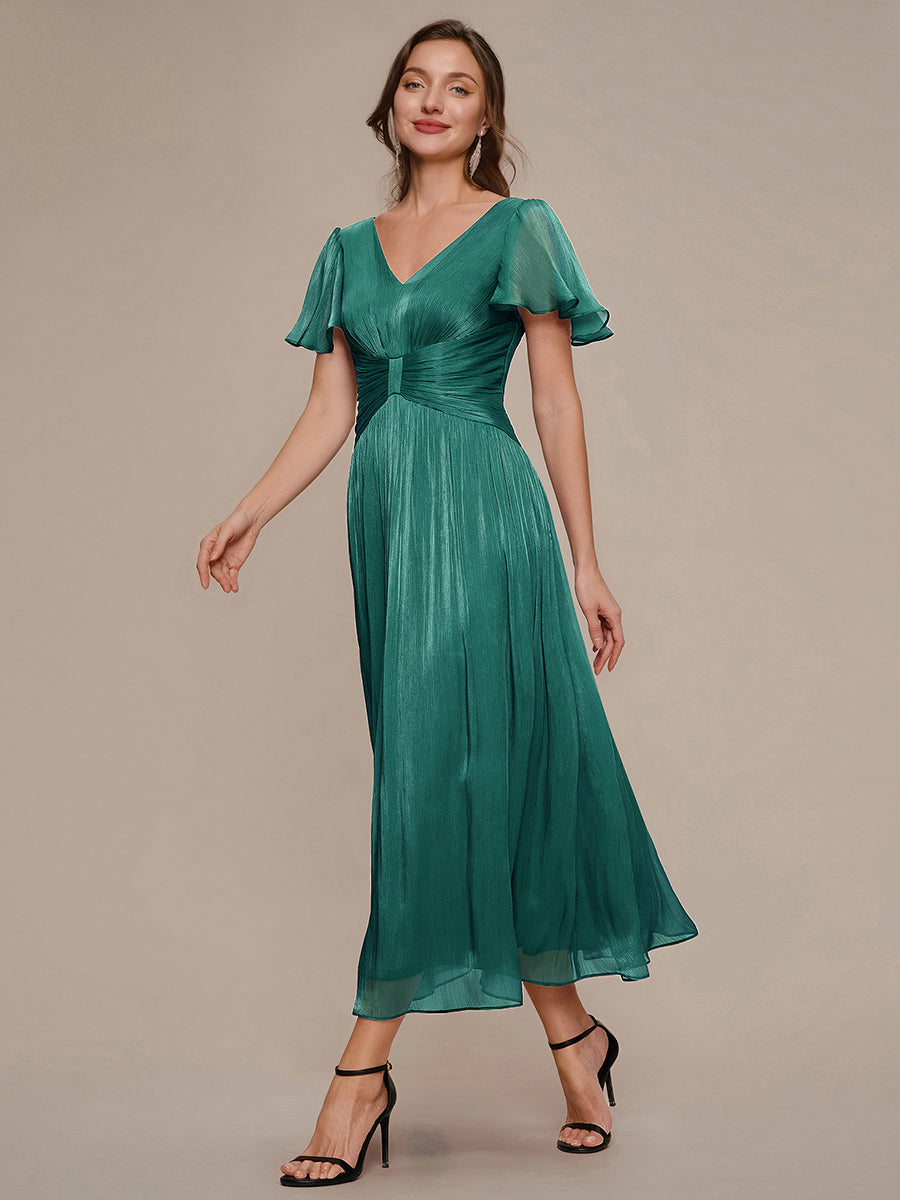 robe midi à manches courtes avec volants en V et détails froncés #Couleur_Bleu Canard