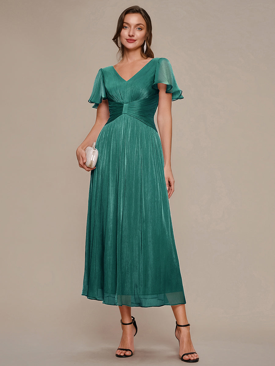 robe midi à manches courtes avec volants en V et détails froncés #Couleur_Bleu Canard
