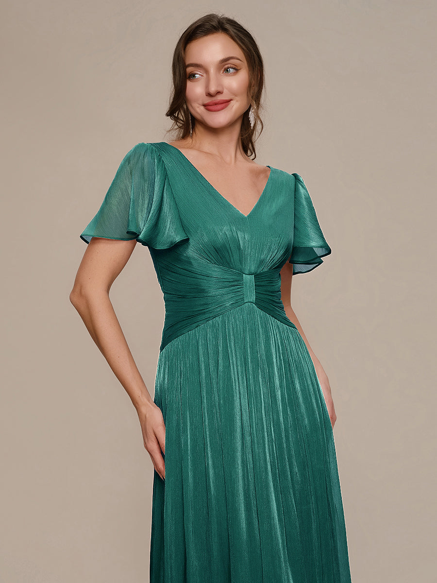 robe midi à manches courtes avec volants en V et détails froncés #Couleur_Bleu Canard