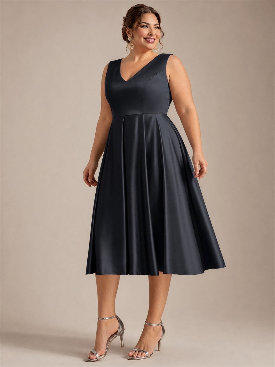 Robe midi de bal sans manches à volants plissée avec décolleté en V #Couleur_Noir