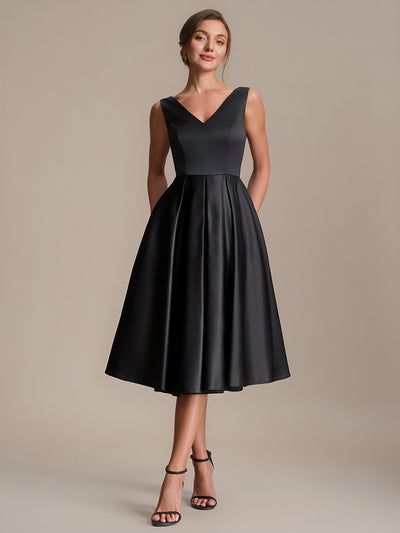 Robe midi de bal sans manches à volants plissée avec décolleté en V
