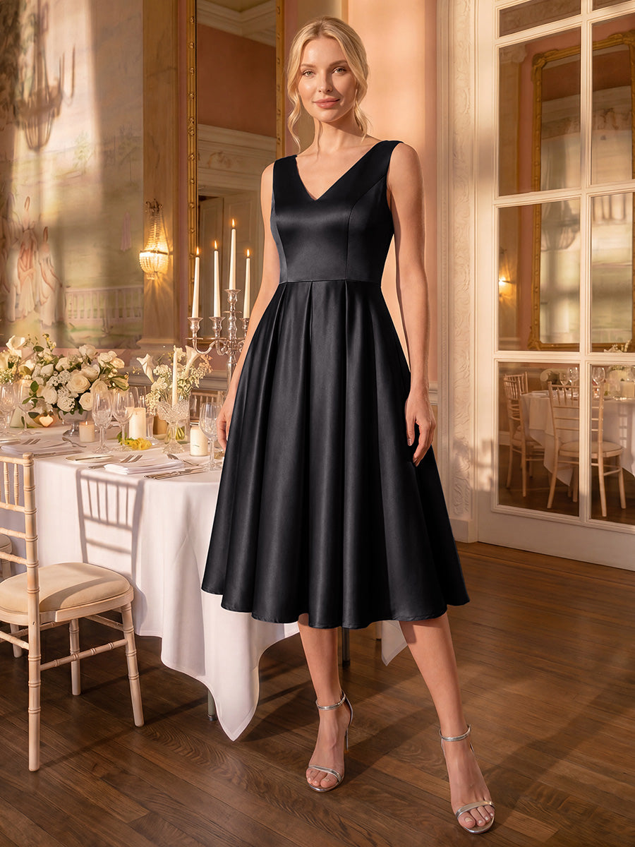 Robe midi de bal sans manches à volants plissée avec décolleté en V #Couleur_Noir