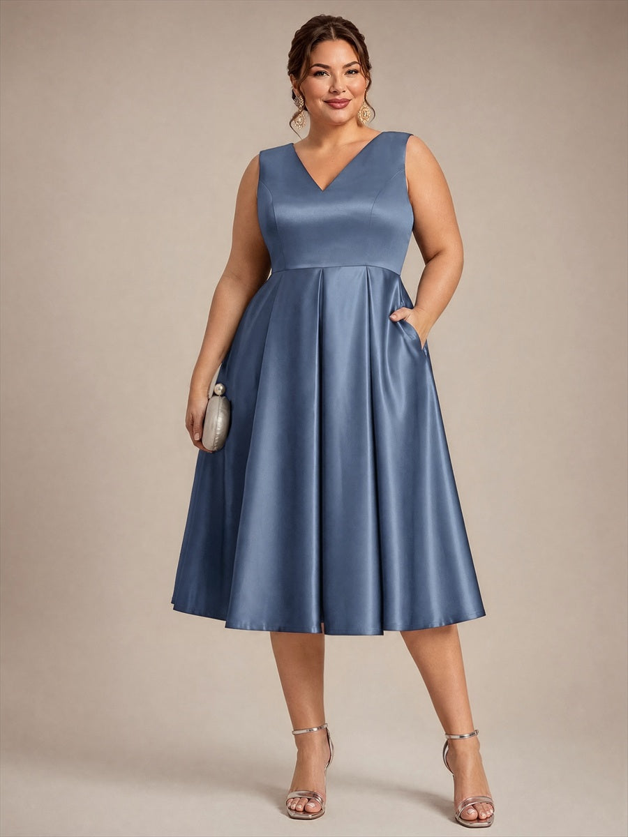 Robe midi de bal sans manches à volants plissée avec décolleté en V #Couleur_Marine Fume