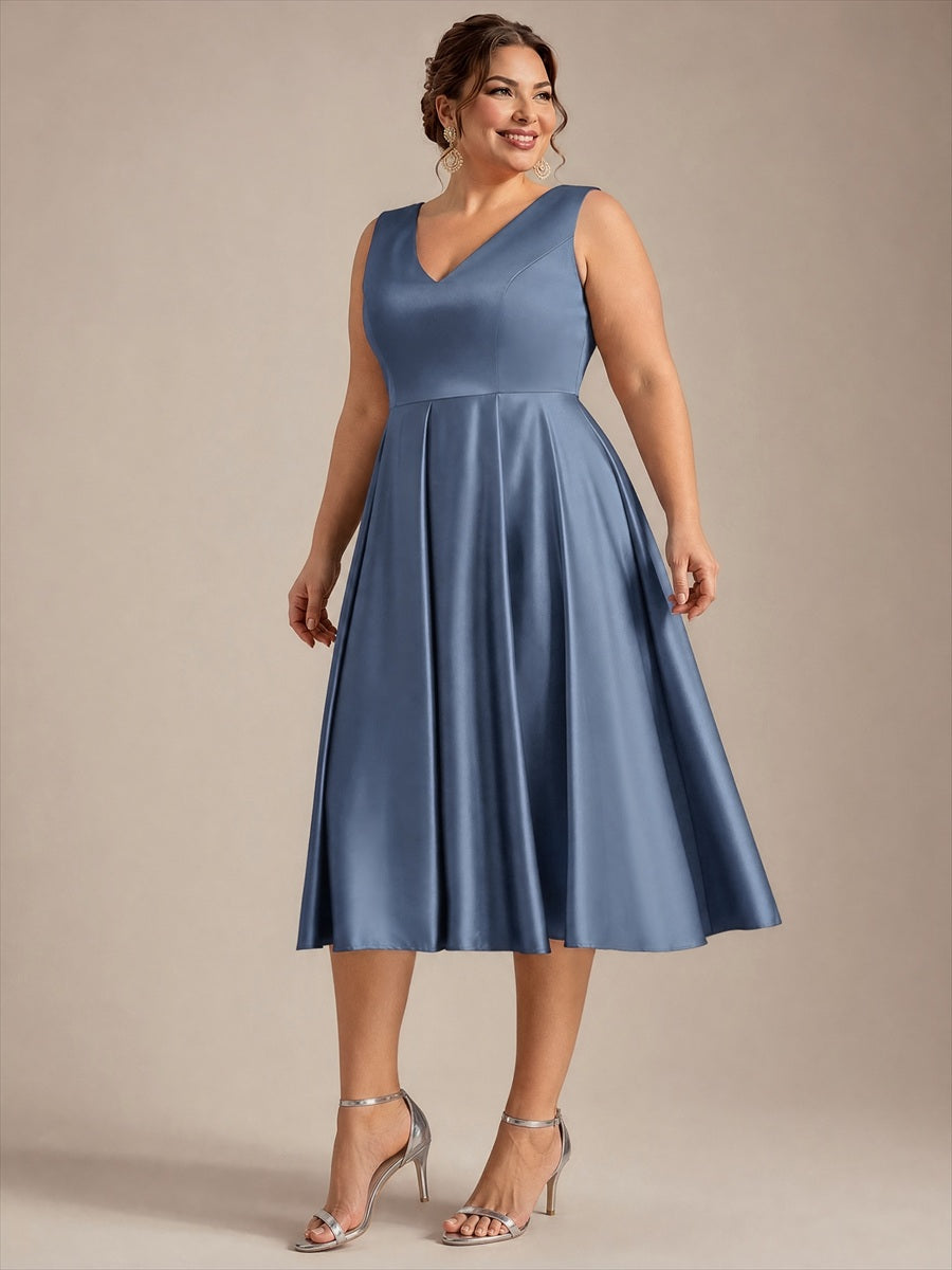 Robe midi de bal sans manches à volants plissée avec décolleté en V #Couleur_Marine Fume