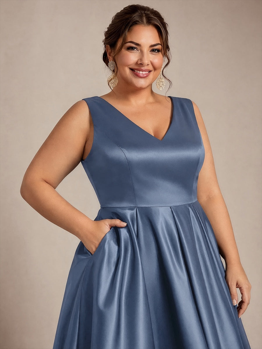 Robe midi de bal sans manches à volants plissée avec décolleté en V #Couleur_Marine Fume