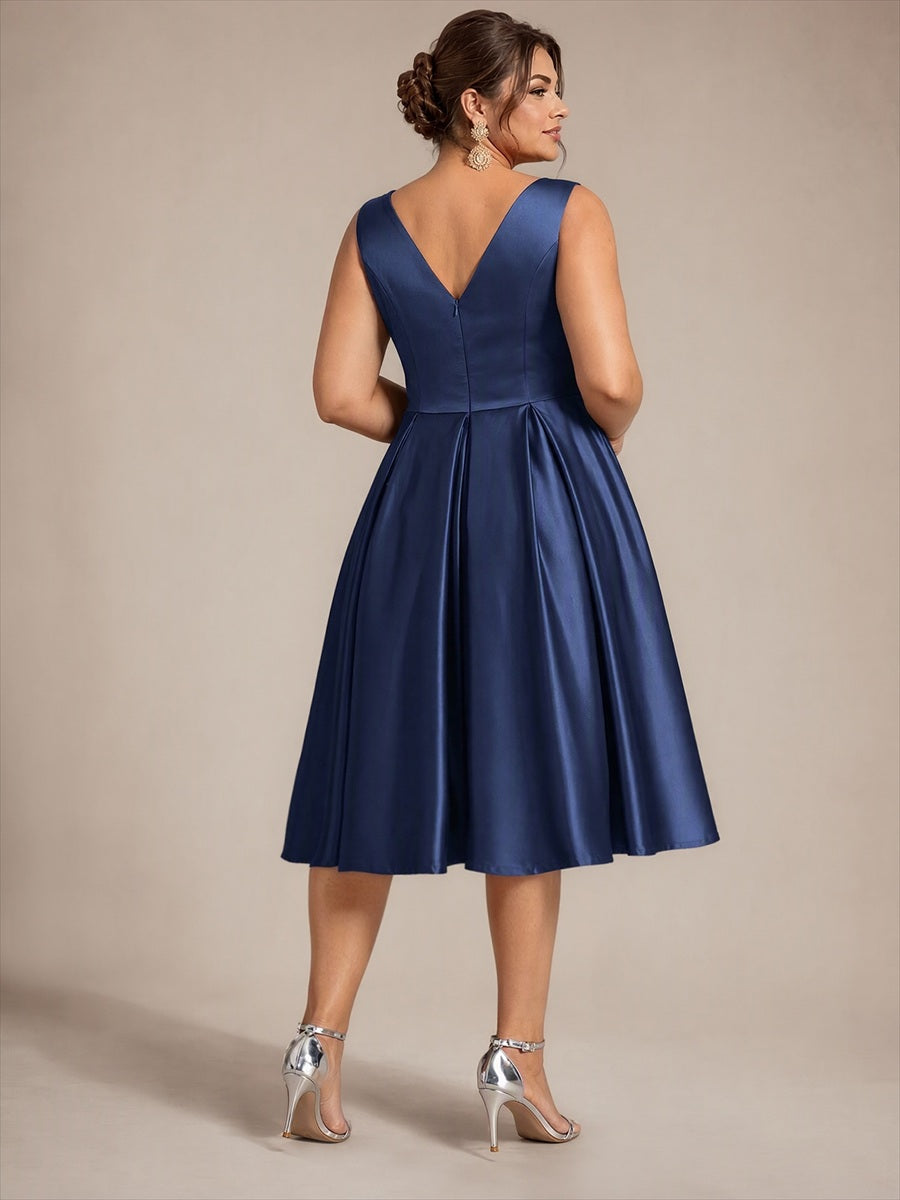 Robe midi de bal sans manches à volants plissée avec décolleté en V #Couleur_Bleu Marine