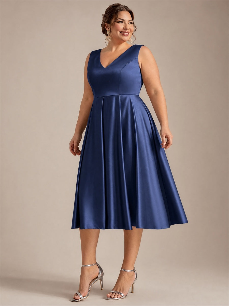 Robe midi de bal sans manches à volants plissée avec décolleté en V #Couleur_Bleu Marine