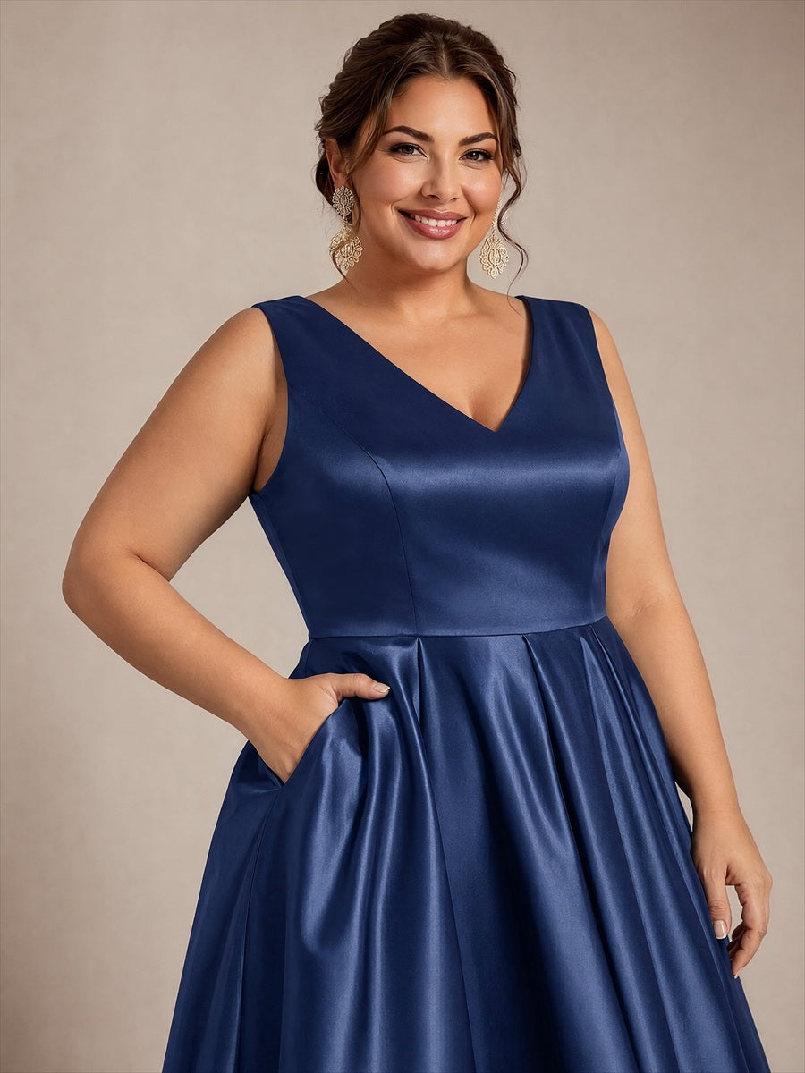 Robe midi de bal sans manches à volants plissée avec décolleté en V #Couleur_Bleu Marine