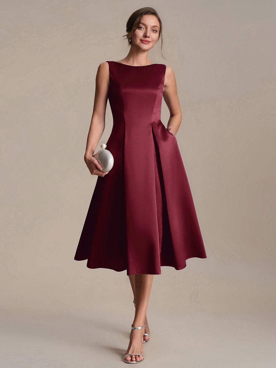 Robe midi longueur ballerine sans bretelles à encolure bateau avec poche #Couleur_Bordeaux