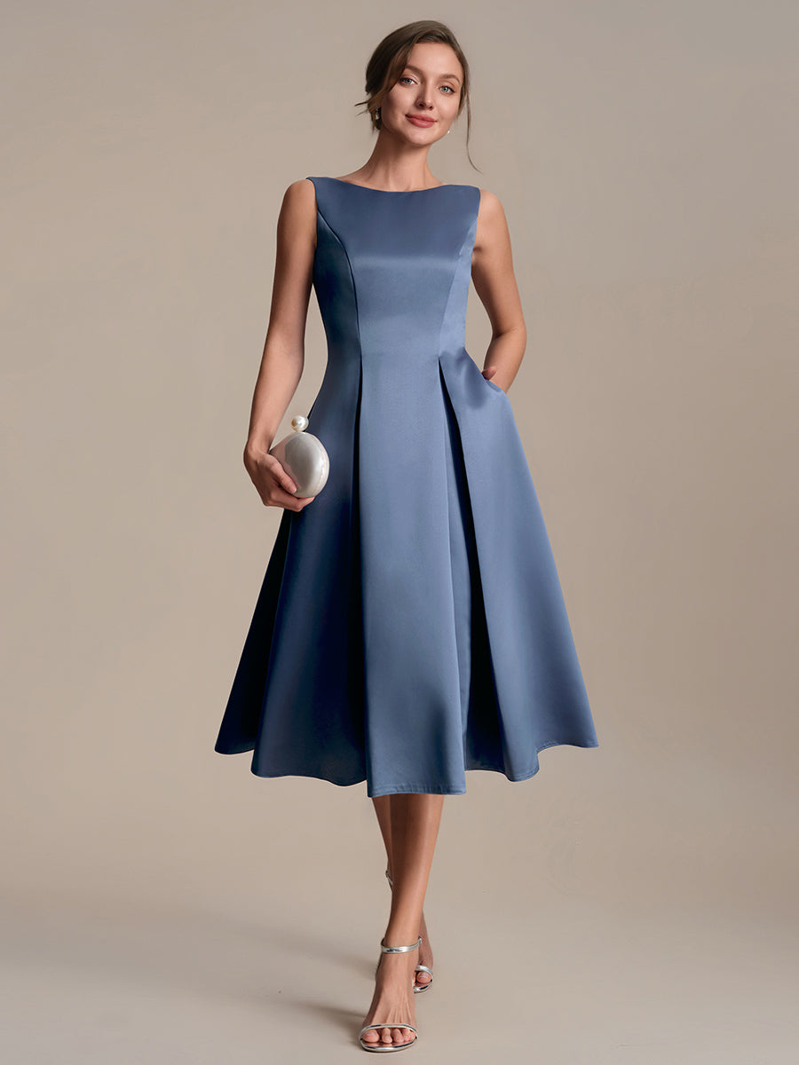Robe midi longueur ballerine sans bretelles à encolure bateau avec poche #Couleur_Marine Fume