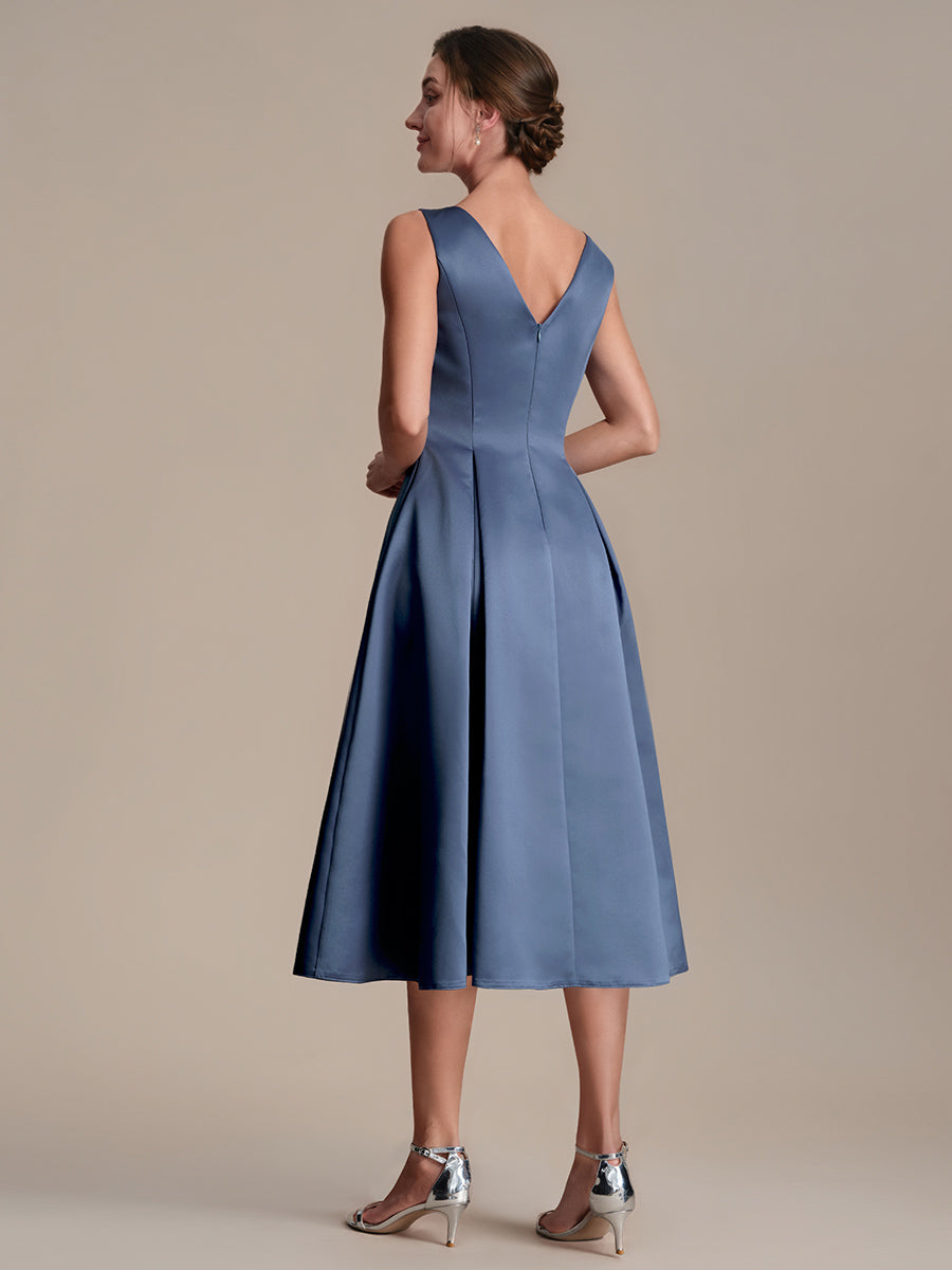 Robe midi longueur ballerine sans bretelles à encolure bateau avec poche #Couleur_Marine Fume