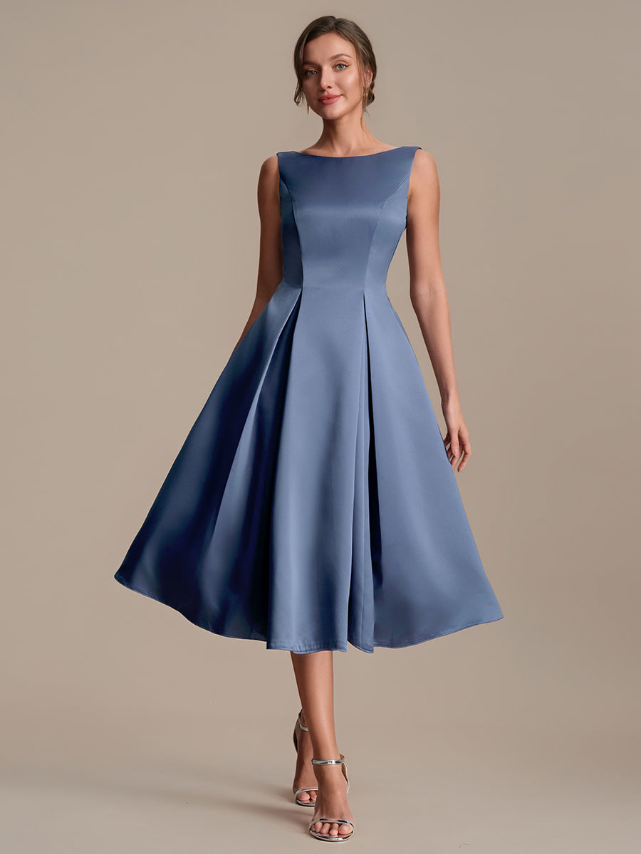 Robe midi longueur ballerine sans bretelles à encolure bateau avec poche #Couleur_Marine Fume