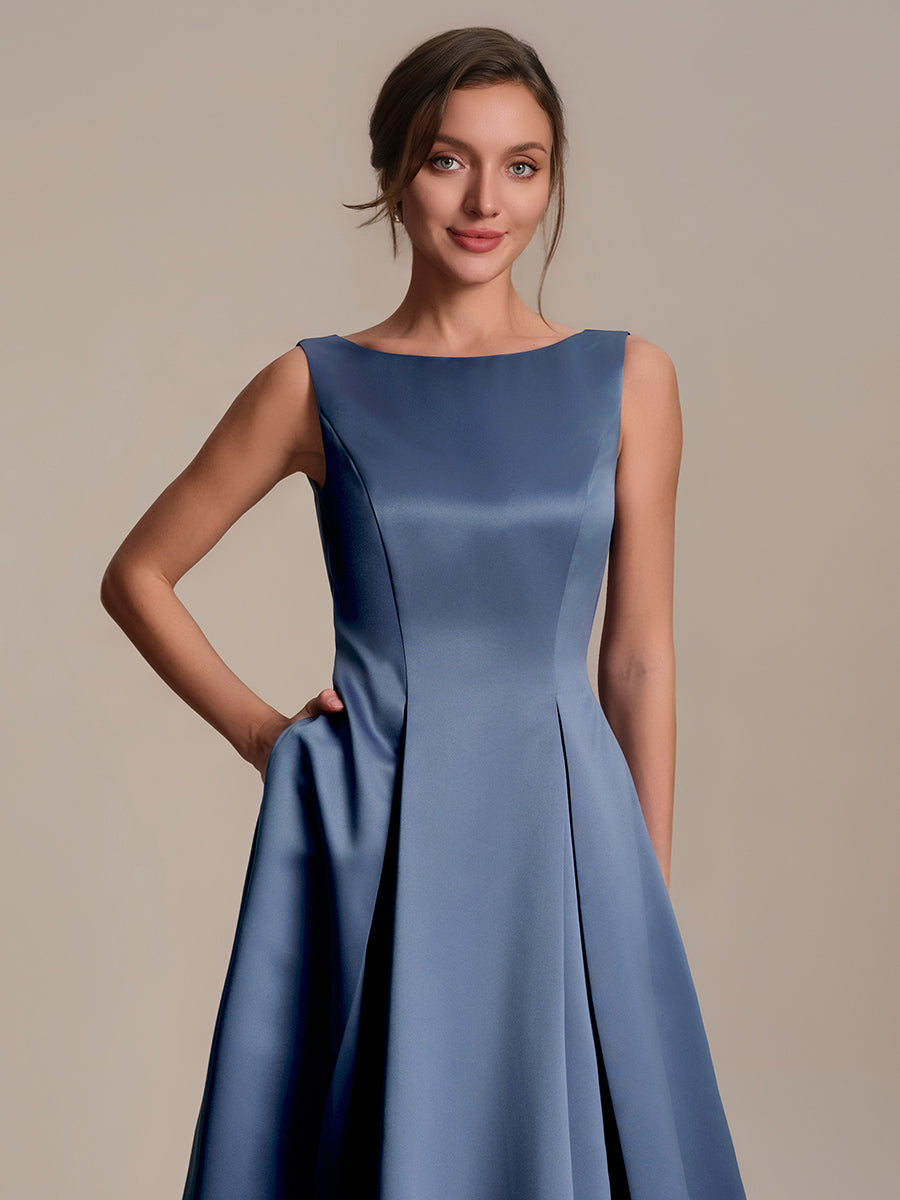 Robe midi longueur ballerine sans bretelles à encolure bateau avec poche #Couleur_Marine Fume