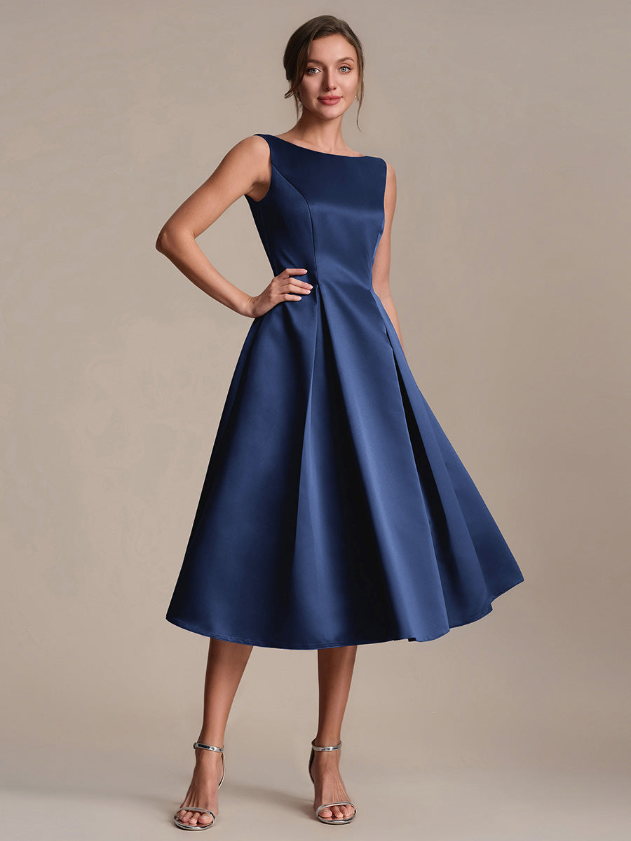 Robe midi longueur ballerine sans bretelles à encolure bateau avec poche #Couleur_Bleu Marine