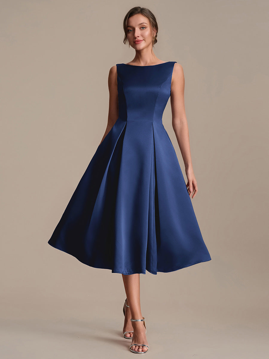 Robe midi longueur ballerine sans bretelles à encolure bateau avec poche #Couleur_Bleu Marine